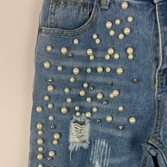Agolde Blue Pearl Rhinestone Embellished High Rise Distressed Cropped XS Jeans - Picture 5 of 11